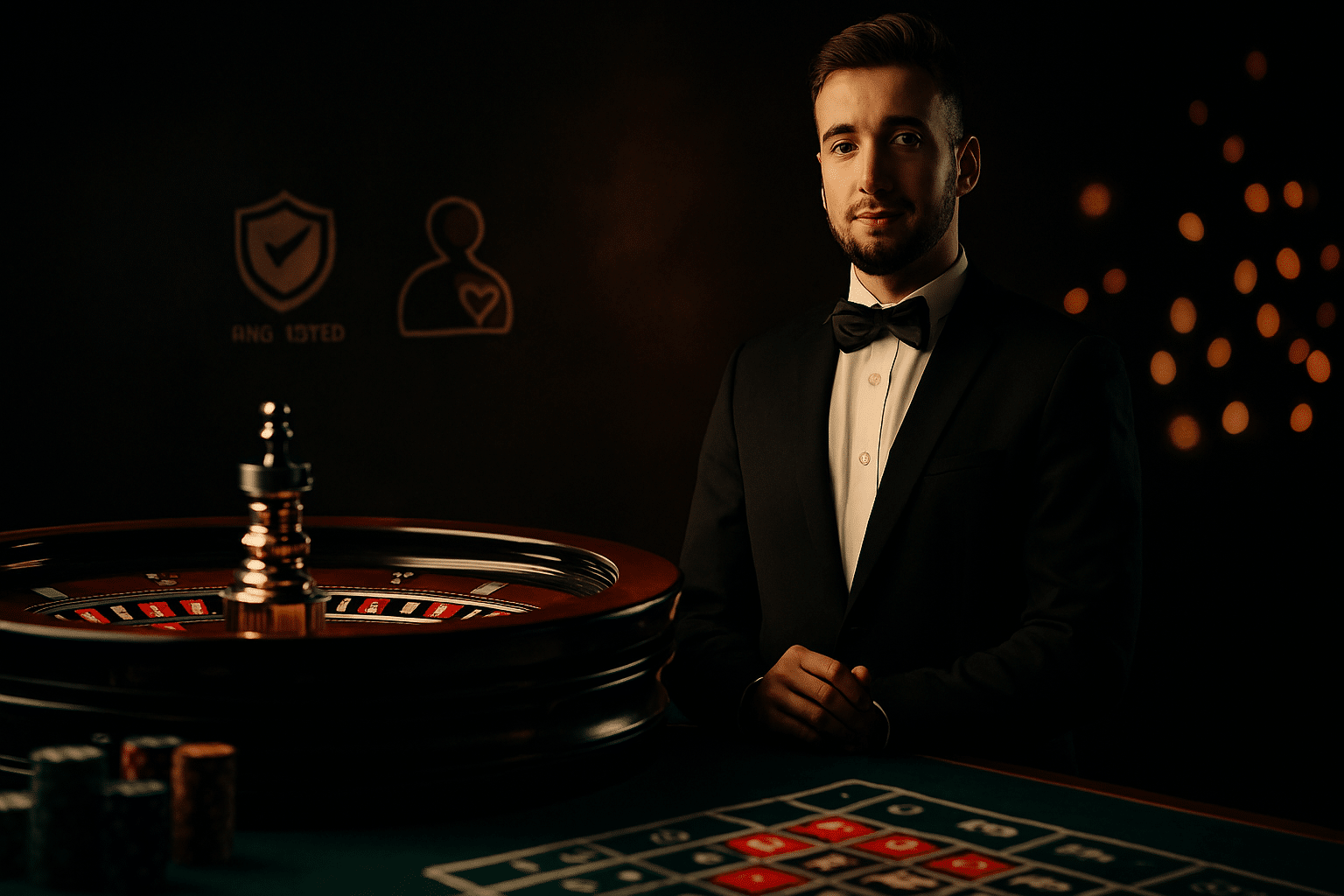 Live dealer spins a roulette wheel in a professional studio with fair-play indicators.